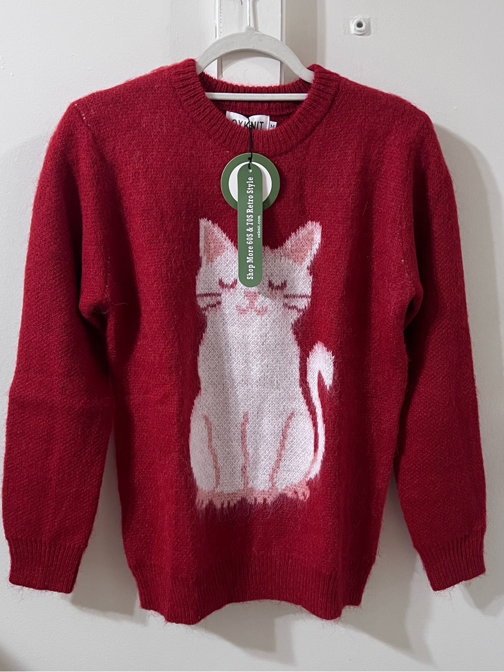 OXknit Red Cute White Cat Kacquard Plush Sweater
